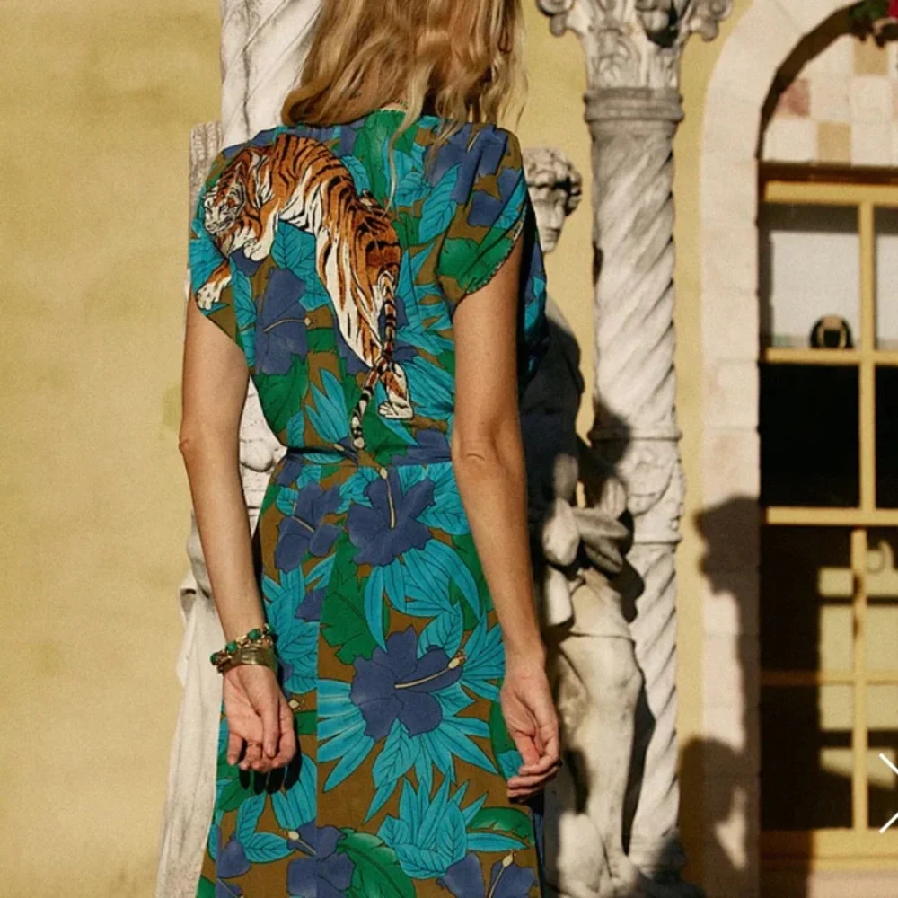 Chasing Unicorns Blue Green Floral Asymmetrical Dress with Tiger Motif